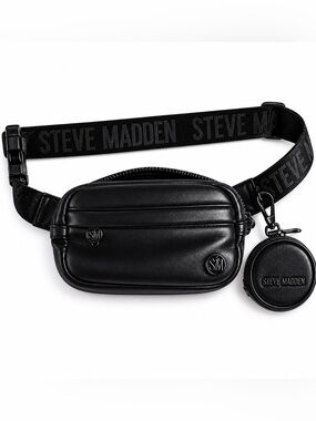 Steve Madden Black Faux-Leather Belt Bag with Logo Strap and Coin Pouch